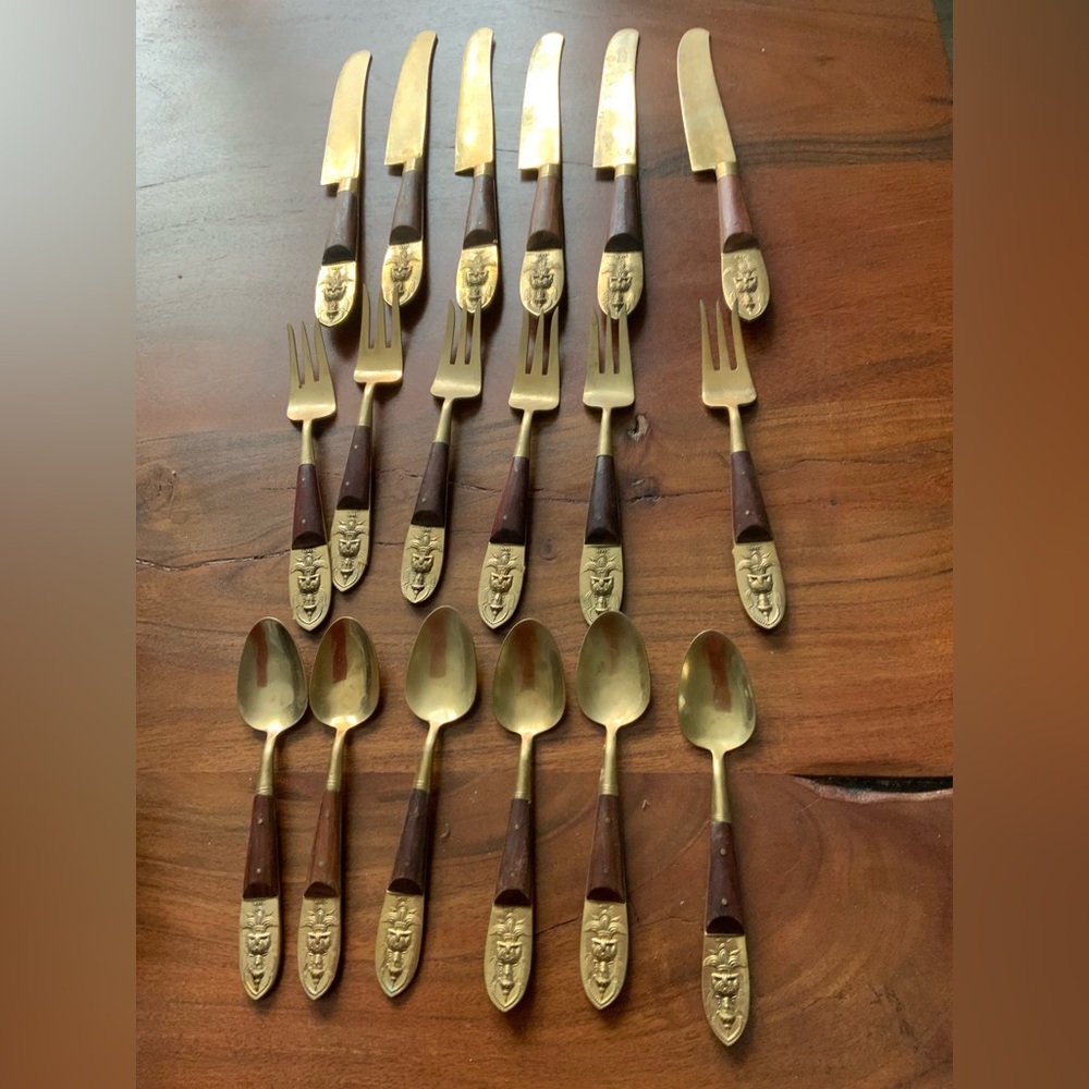 Vintage Siam Brass/Bronze Teak Wood Flatware 18 Pierces Bangkok Thailand